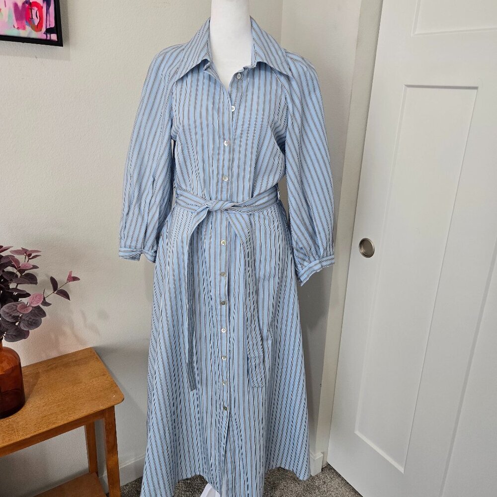 Zara Light Blue Pinstriped Belted Shirt Dress Sz Medium Easter Color